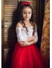 Off Shoulder White Lace Red Tulle Floor Length Flower Girl Dress